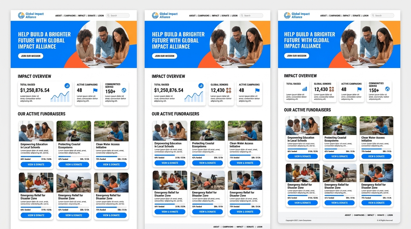 Branded organization page with logo, impact metrics, and fundraiser grid
